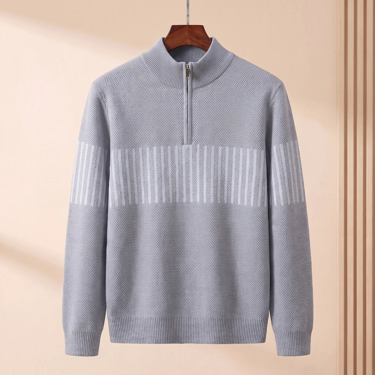 STRIPE BAND SWEATER in light gray, men's mock neck quarter-zip knit sweater with a striped chest band