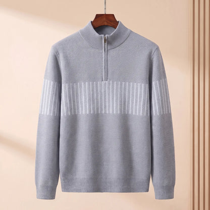 STRIPE BAND SWEATER in light gray, men's mock neck quarter-zip knit sweater with a striped chest band