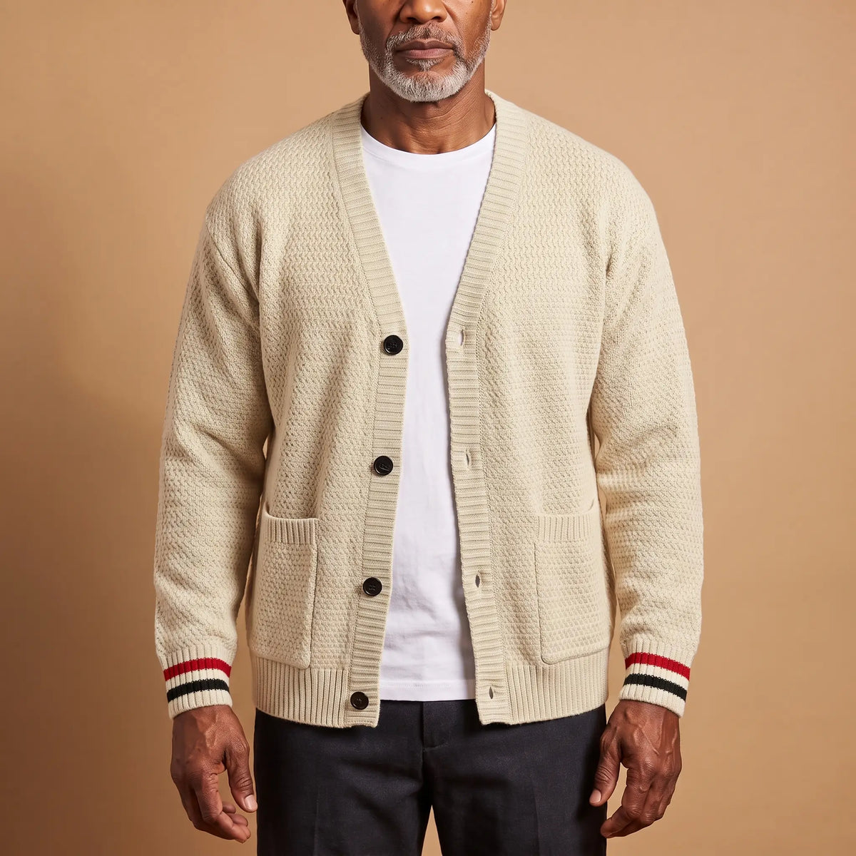 Man wearing the Stripe Cuff Cardigan in white, a cream textured knit V-neck cardigan with red and black striped cuffs, worn open over a white tee