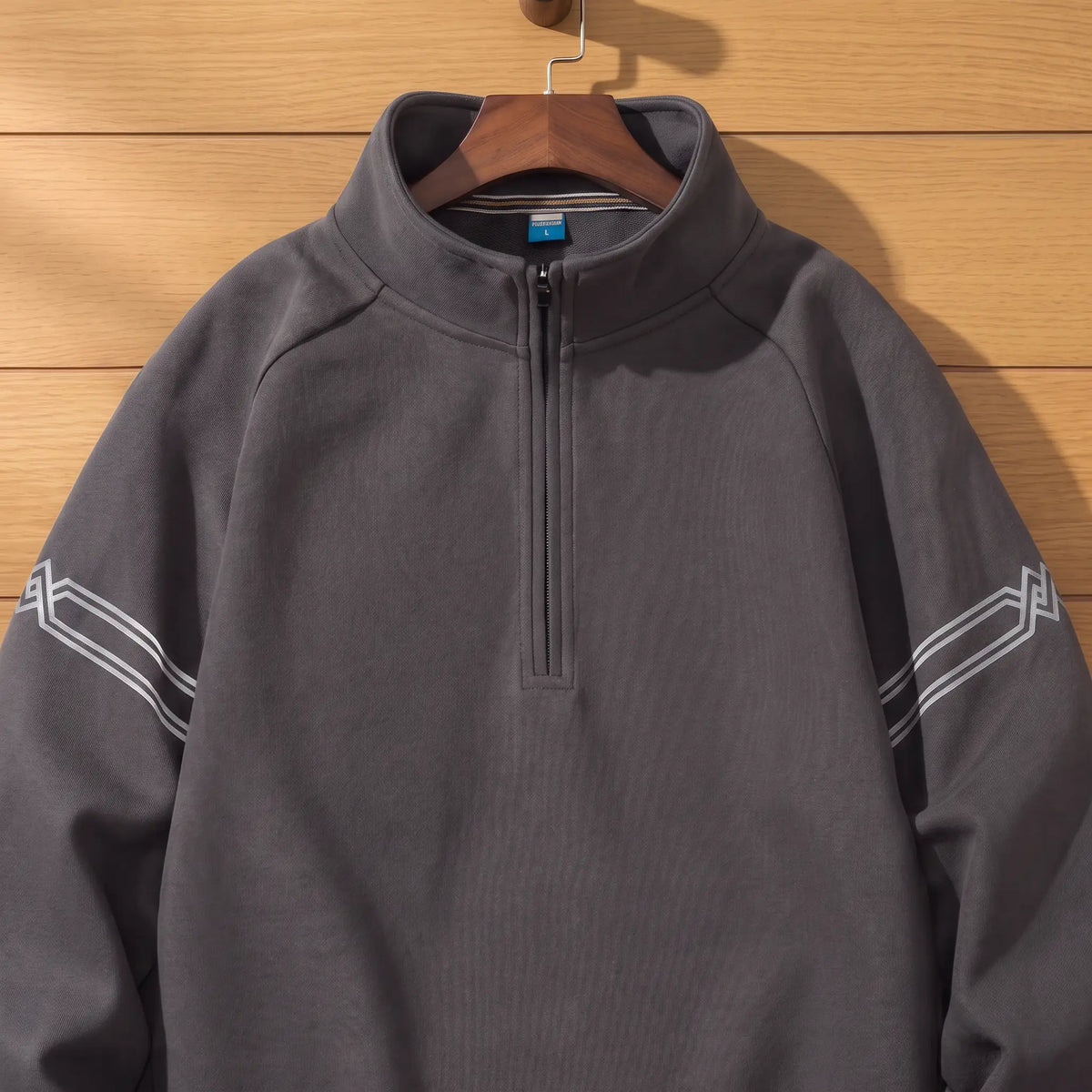 Stripe Sleeve Sweatshirt in Dark Grey, stand collar and short zip close-up