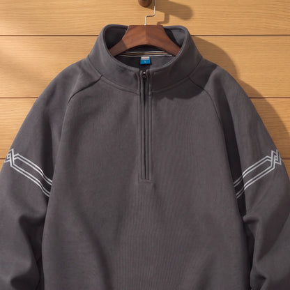 Stripe Sleeve Sweatshirt in Dark Grey, stand collar and short zip close-up