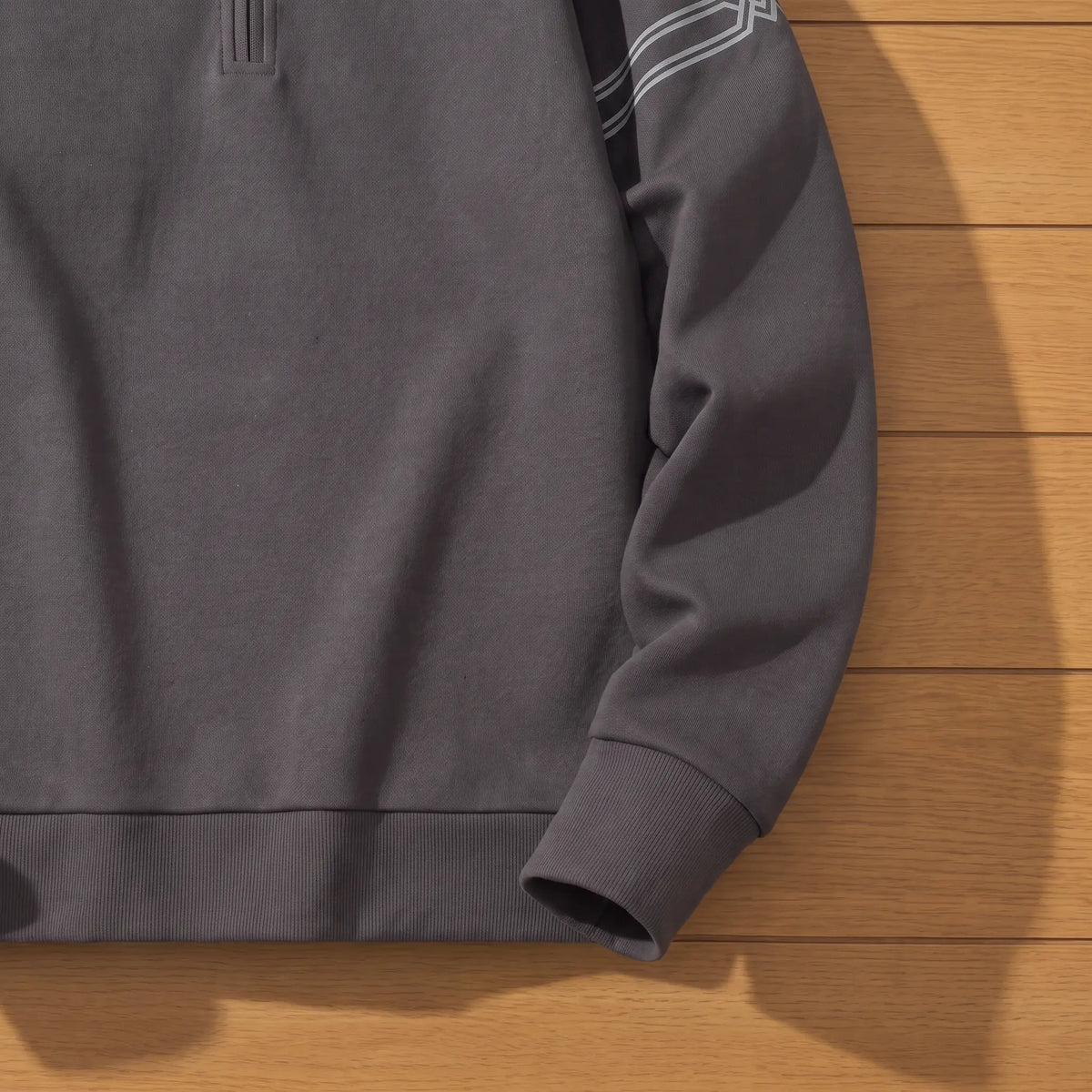 Stripe Sleeve Sweatshirt in Dark Grey, ribbed cuff and hem close-up