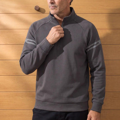 Stripe Sleeve Sweatshirt in Dark Grey worn with dark trousers