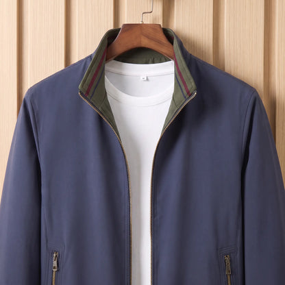 Stripe Trim Jacket in Navy Blue, stand collar and zip close-up