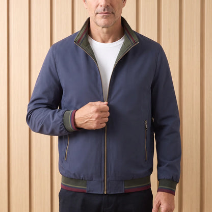 Stripe Trim Jacket in Navy Blue worn over a white tee
