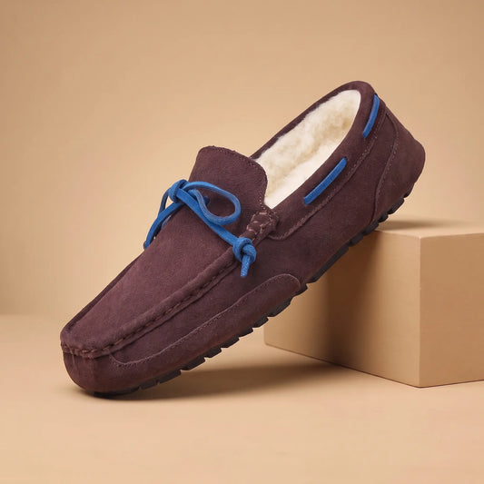 SUEDE MOC SLIPPERS in brown with blue laces, men's fur-lined moccasin slipper with a bow-tied lace and hand-stitched toe