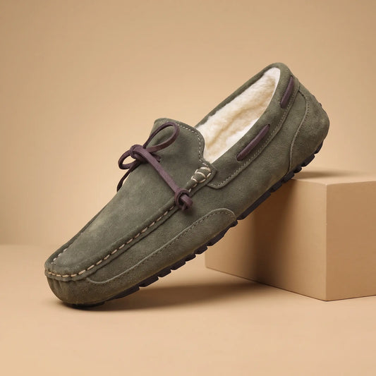 SUEDE MOC SLIPPERS in green, men's fur-lined moccasin slipper with a bow-tied lace and hand-stitched toe