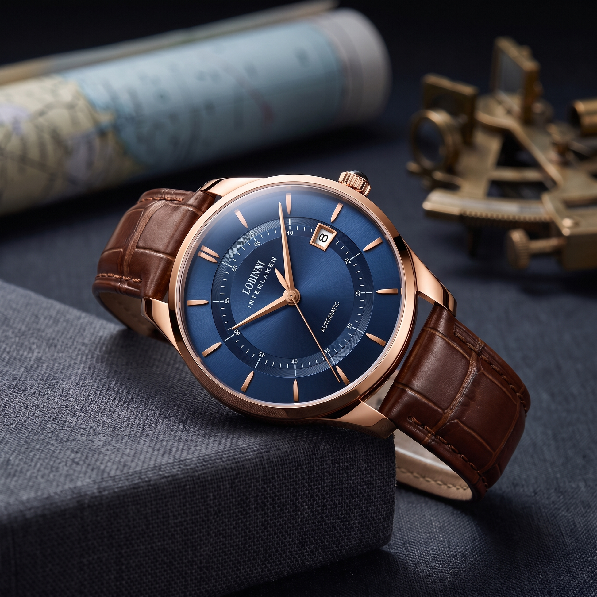 Rose gold automatic watch with blue sunburst dial and brown leather strap