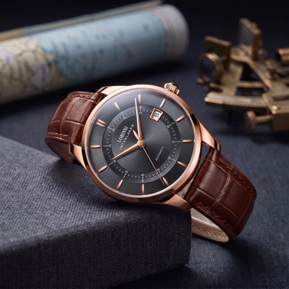 Rose gold automatic watch with grey sunburst dial and brown leather strap