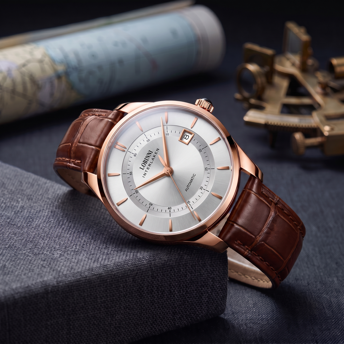 Rose gold automatic watch with silver white dial and brown leather strap
