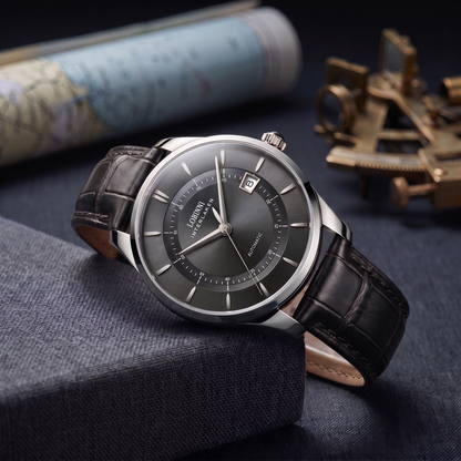 Stainless steel automatic watch with grey sunburst dial and black leather strap