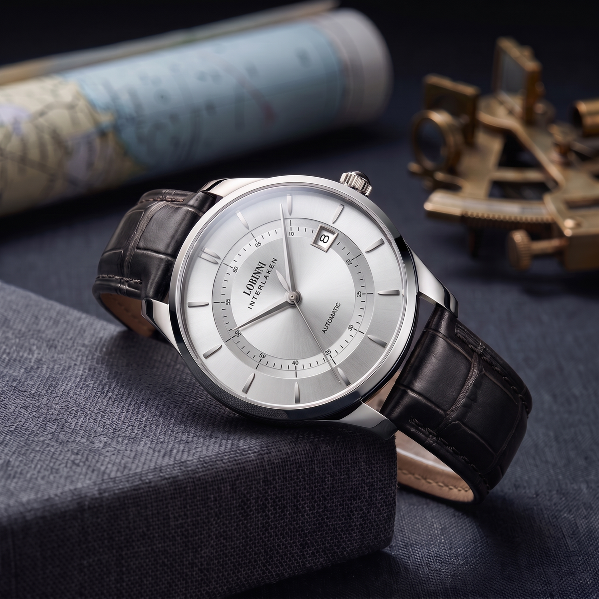 Stainless steel automatic watch with silver white dial and black leather strap