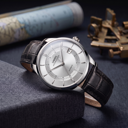 Stainless steel automatic watch with silver white dial and black leather strap