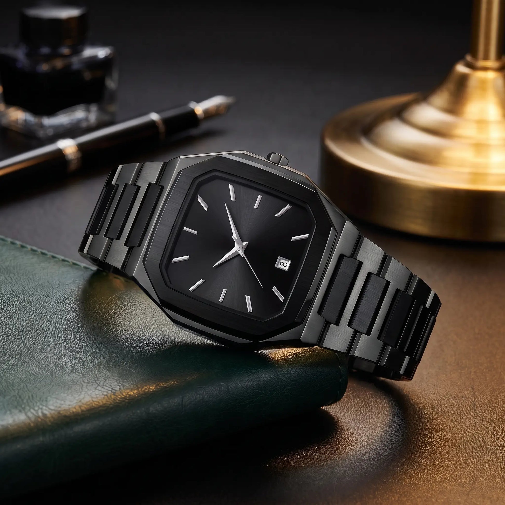 SUNBURST DIAL WATCH in Black - all-black 40mm cut-corner square watch with black sunburst dial