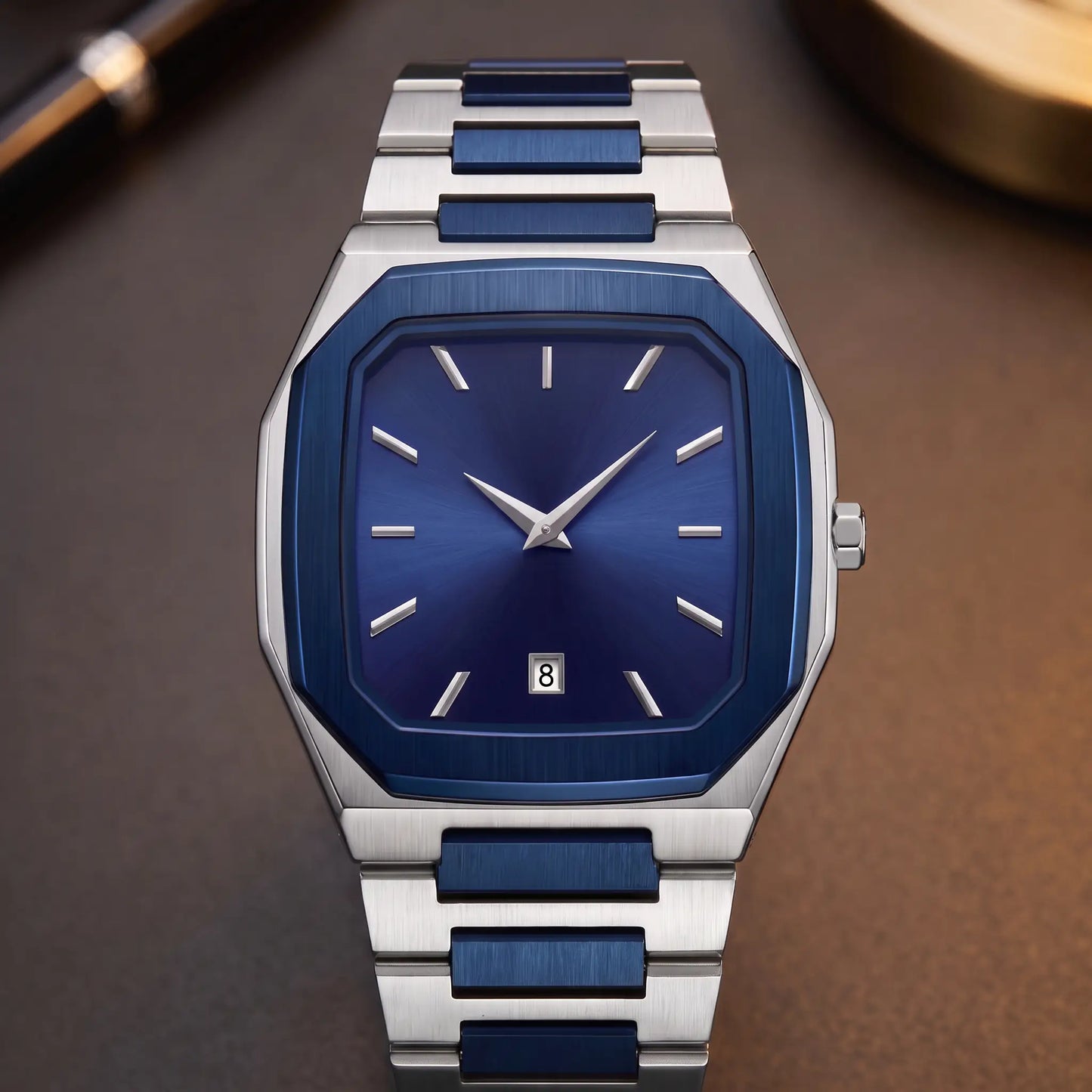 SUNBURST DIAL WATCH dial close-up - blue sunburst finish, applied baton markers and date window