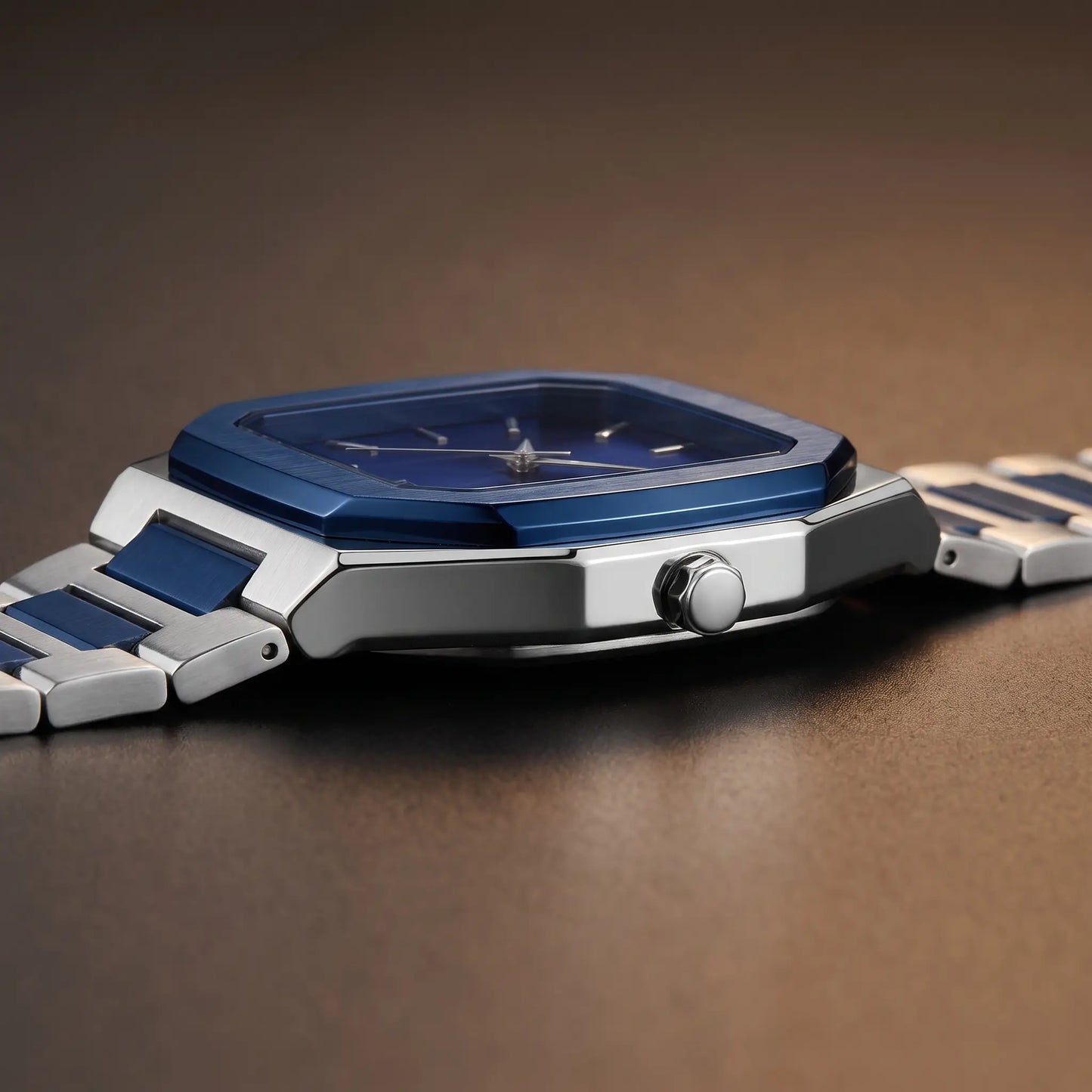 SUNBURST DIAL WATCH case side close-up - slim case profile, cut chamfered corners and crown