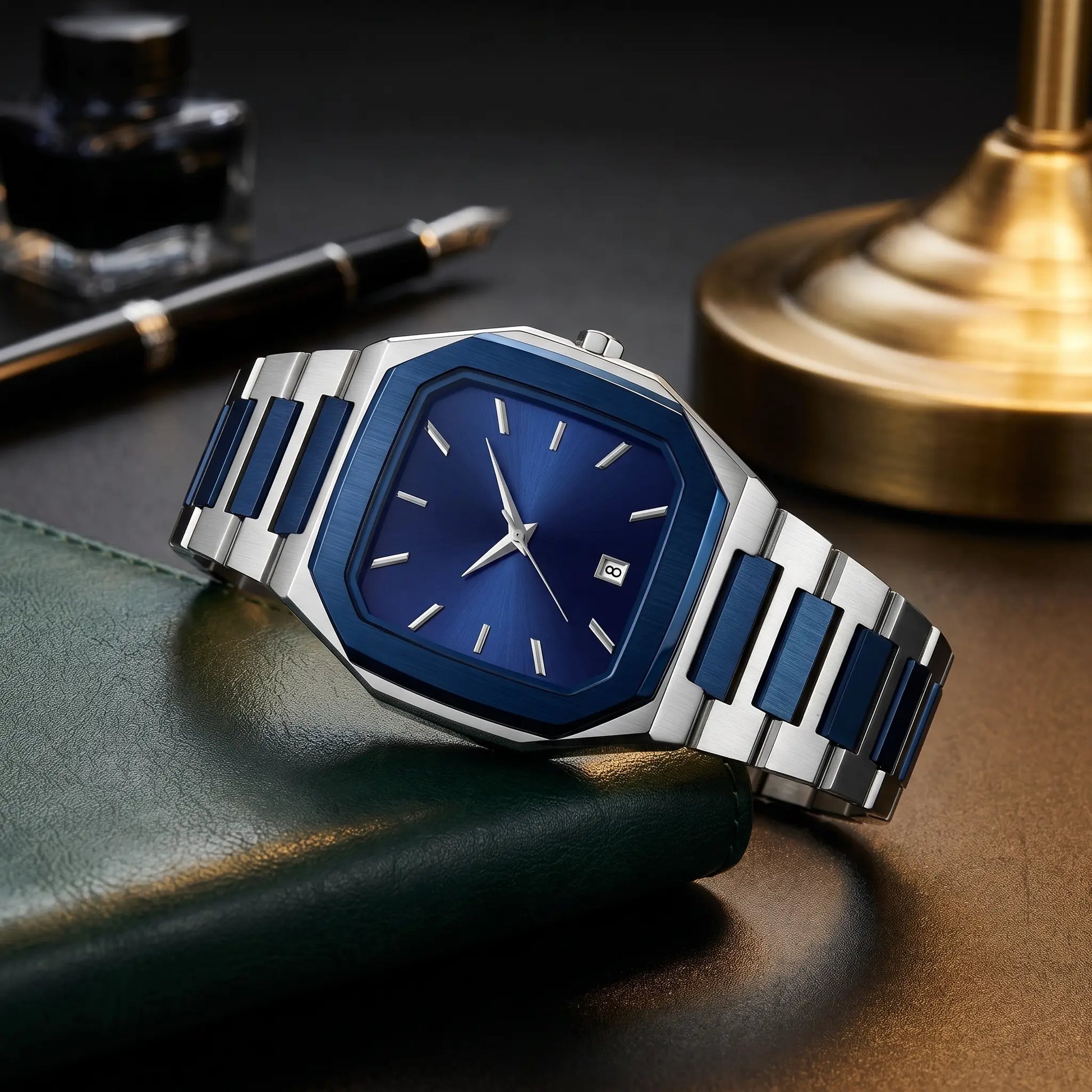 SUNBURST DIAL WATCH in Blue - 40mm cut-corner square watch with blue sunburst dial and two-tone steel band