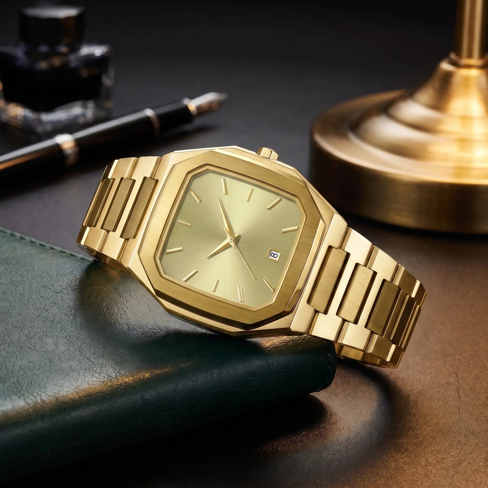 SUNBURST DIAL WATCH in Gold - all-gold 40mm cut-corner square watch with champagne sunburst dial