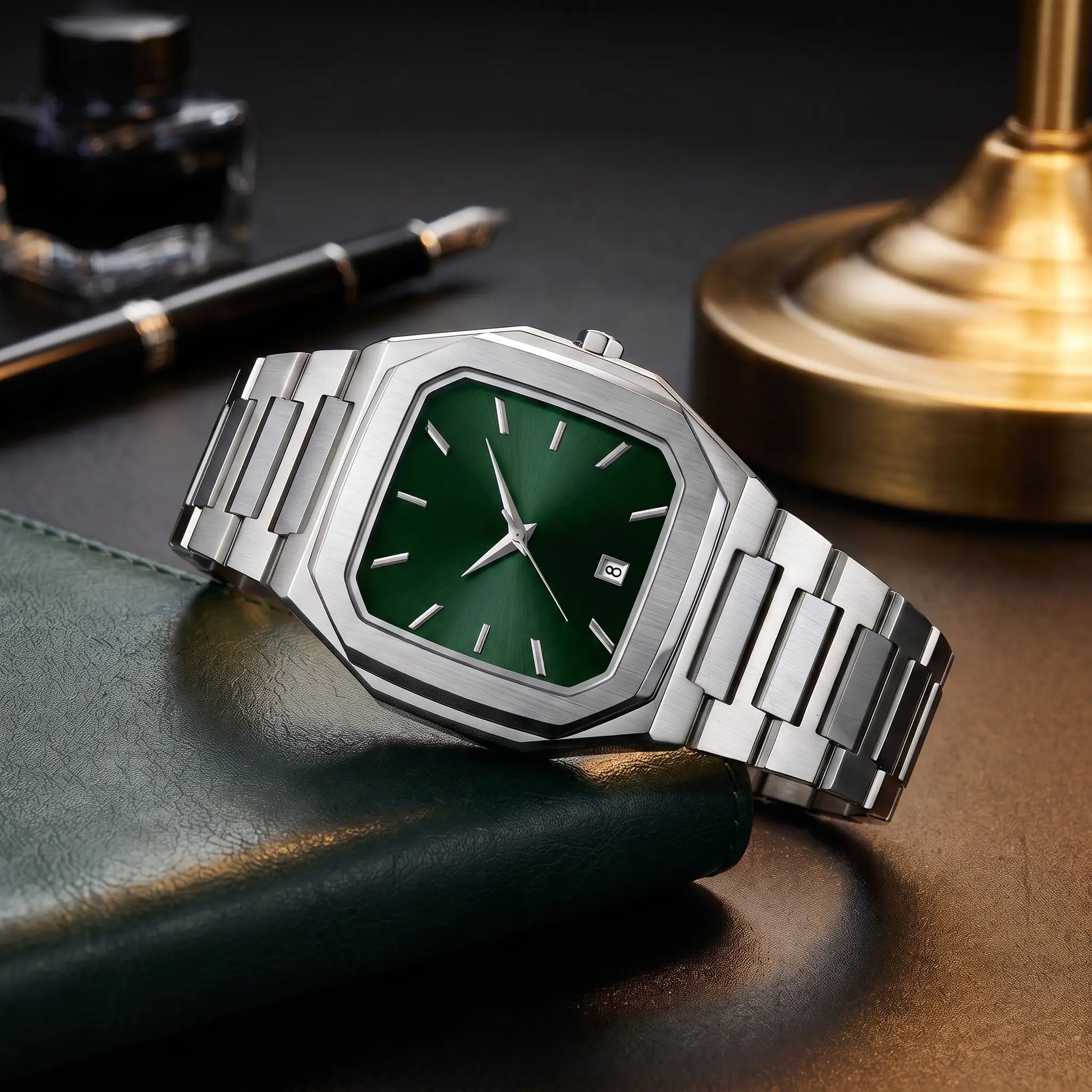 SUNBURST DIAL WATCH in Green - 40mm cut-corner square watch with green sunburst dial and steel band