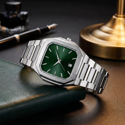 SUNBURST DIAL WATCH in Green - 40mm cut-corner square watch with green sunburst dial and steel band