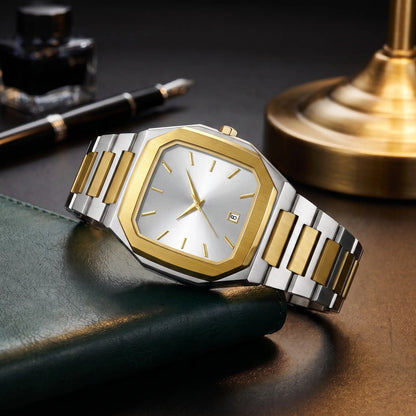 SUNBURST DIAL WATCH in Two-Tone - gold and steel 40mm cut-corner square watch with silver sunburst dial