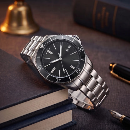 SUNRAY DIAL WATCH in Black - automatic steel watch with black sunray dial, rotating bezel and steel bracelet