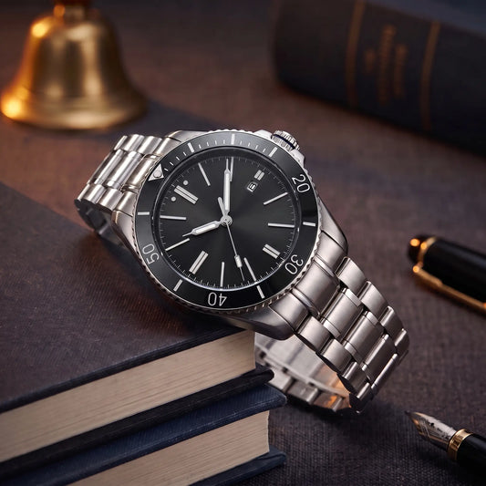 SUNRAY DIAL WATCH in Black - automatic steel watch with black sunray dial, rotating bezel and steel bracelet