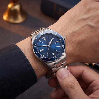 SUNRAY DIAL WATCH worn on the wrist - fastening the steel bracelet clasp on the blue sunray dial watch