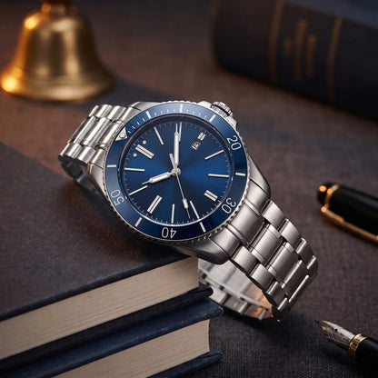 SUNRAY DIAL WATCH in Blue - automatic steel watch with blue sunray dial, rotating bezel and steel bracelet