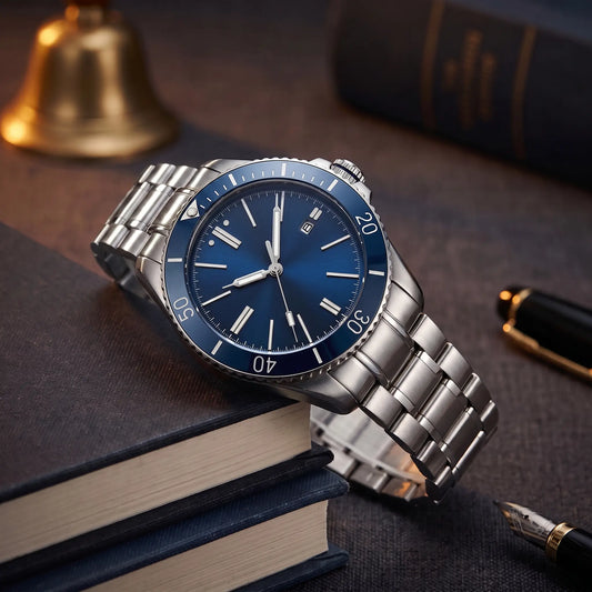 SUNRAY DIAL WATCH in Blue - automatic steel watch with blue sunray dial, rotating bezel and steel bracelet