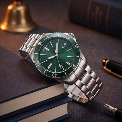 SUNRAY DIAL WATCH in Green - automatic steel watch with green sunray dial, rotating bezel and steel bracelet