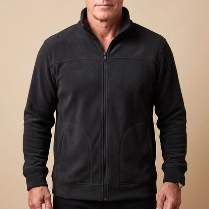 TALL COLLAR FLEECE in black, men's full-zip brushed fleece jacket with a tall stand collar
