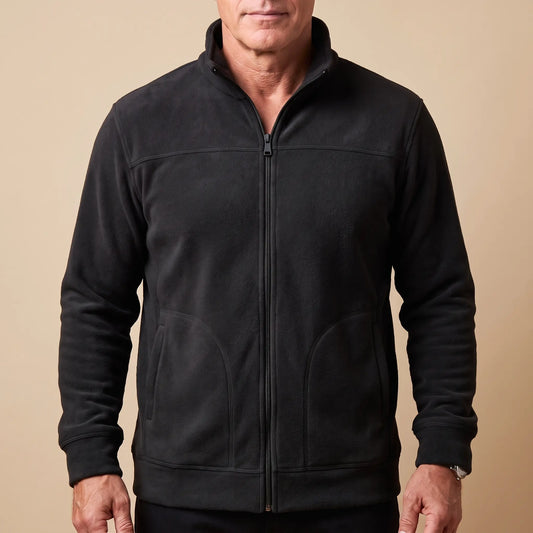 TALL COLLAR FLEECE in black, men's full-zip brushed fleece jacket with a tall stand collar