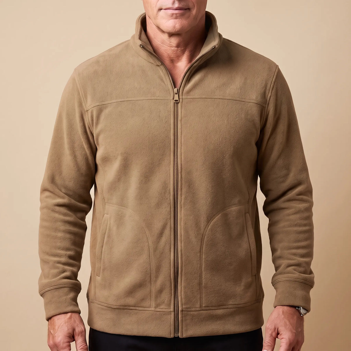 TALL COLLAR FLEECE in camel, men's full-zip brushed fleece jacket with a tall stand collar