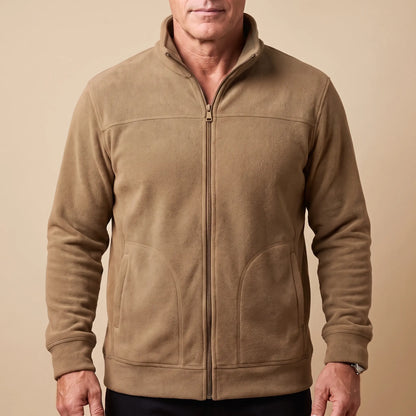 TALL COLLAR FLEECE in camel, men's full-zip brushed fleece jacket with a tall stand collar