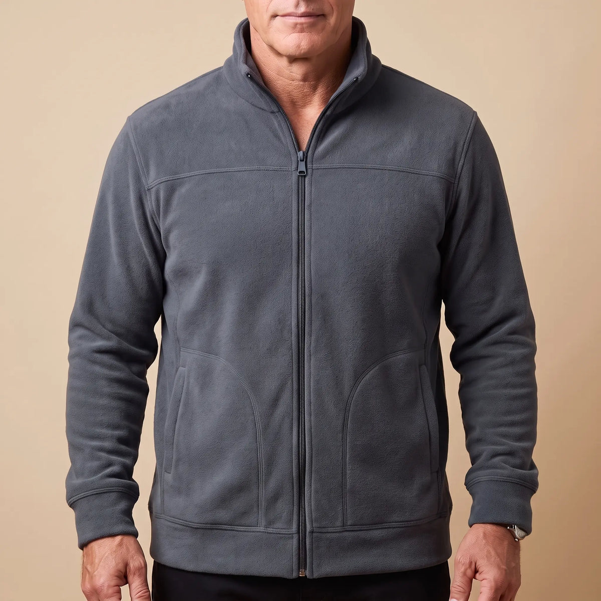 TALL COLLAR FLEECE in charcoal, men's full-zip brushed fleece jacket with a tall stand collar
