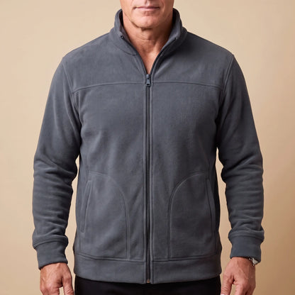 TALL COLLAR FLEECE in charcoal, men's full-zip brushed fleece jacket with a tall stand collar