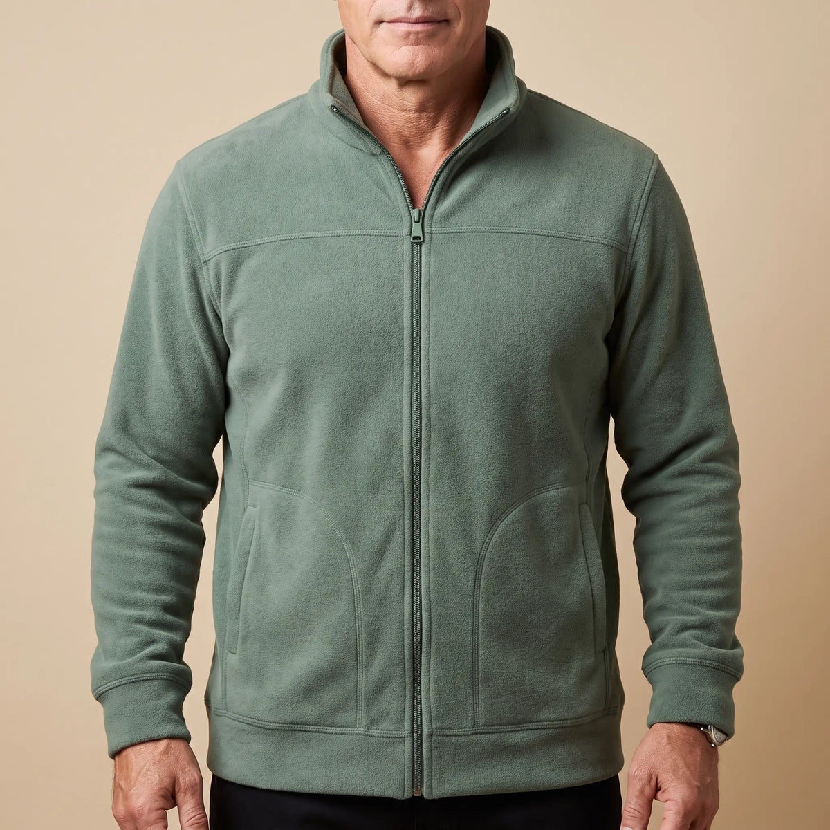 TALL COLLAR FLEECE in sage green, men's full-zip brushed fleece jacket with a tall stand collar