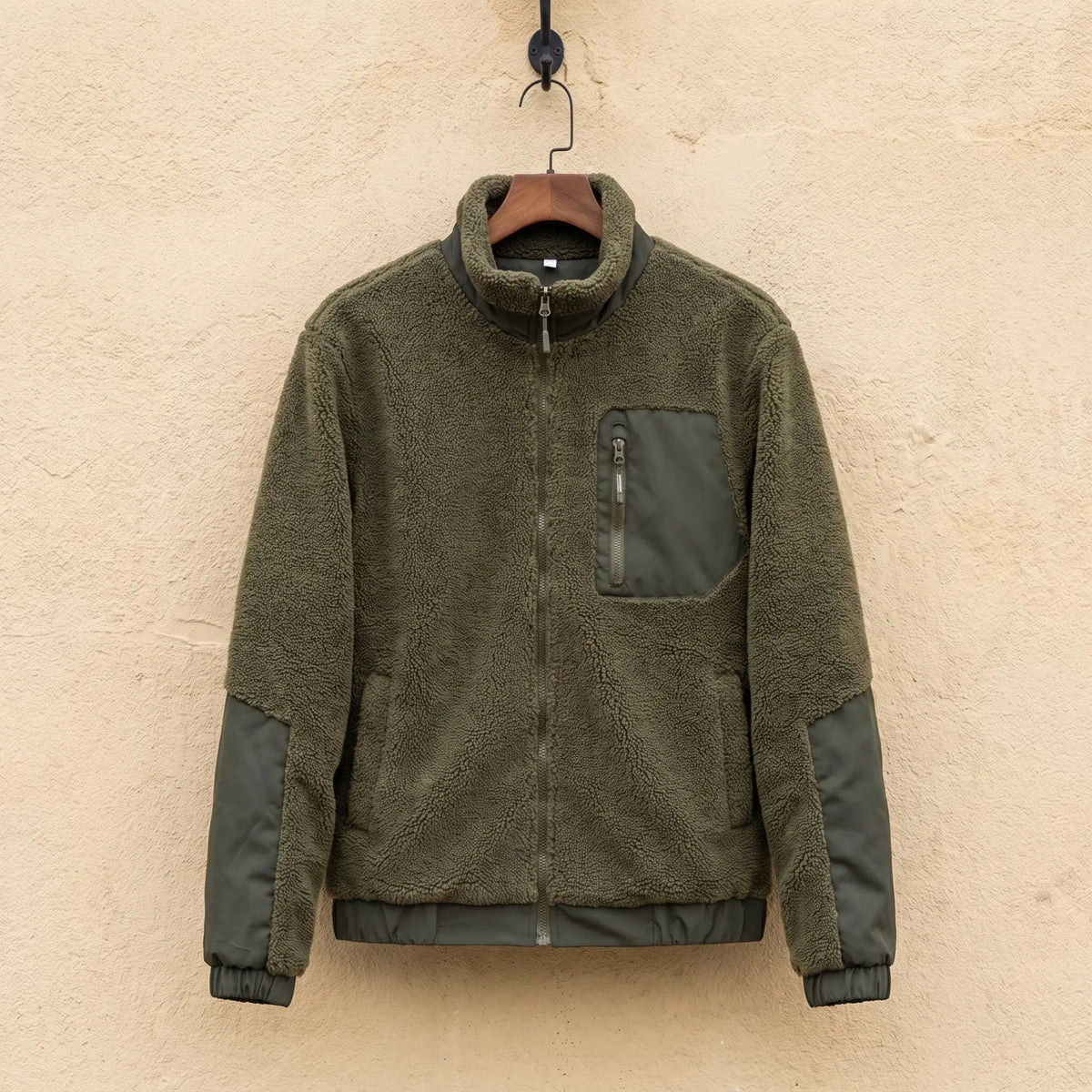 TEDDY FLEECE JACKET in army green, men's sherpa fleece full-zip jacket with nylon panels