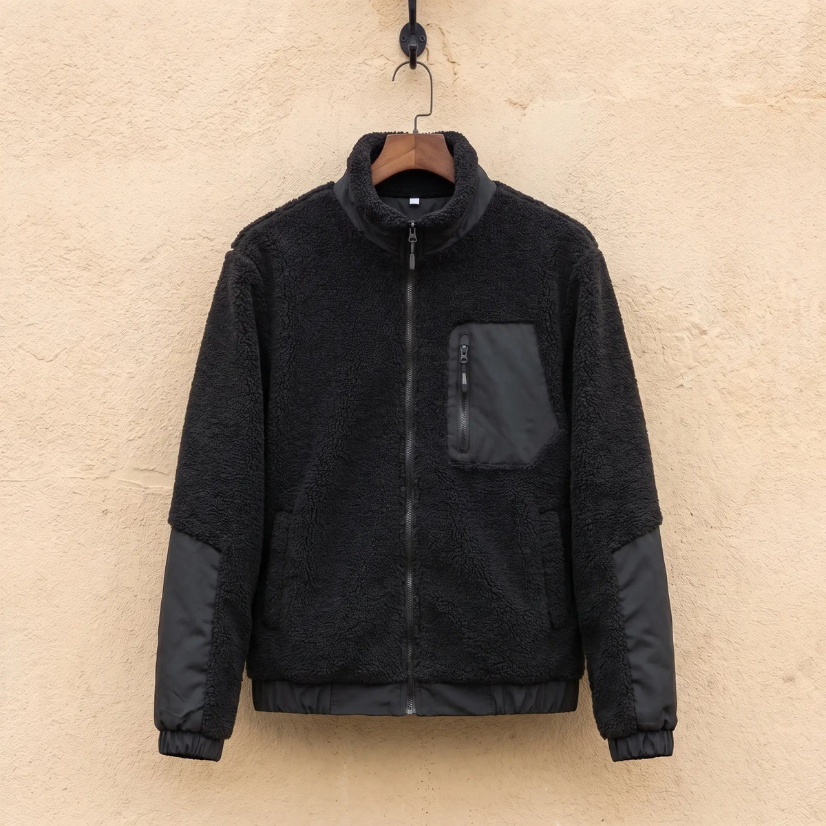 TEDDY FLEECE JACKET in black, men's sherpa fleece full-zip jacket with nylon panels