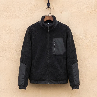 TEDDY FLEECE JACKET in black, men's sherpa fleece full-zip jacket with nylon panels