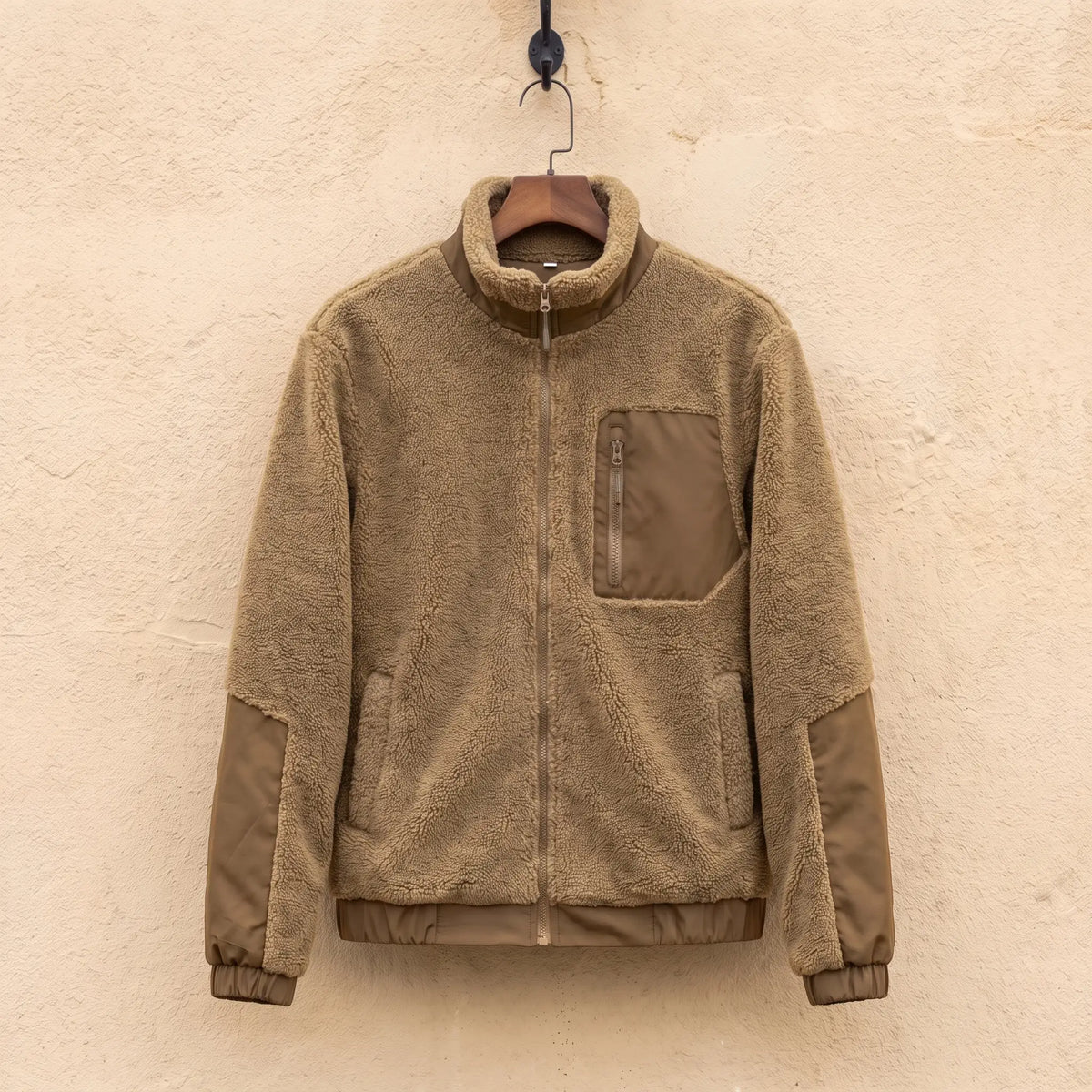 TEDDY FLEECE JACKET in brown, men's sherpa fleece full-zip jacket with nylon panels