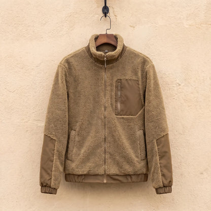 TEDDY FLEECE JACKET in brown, men's sherpa fleece full-zip jacket with nylon panels