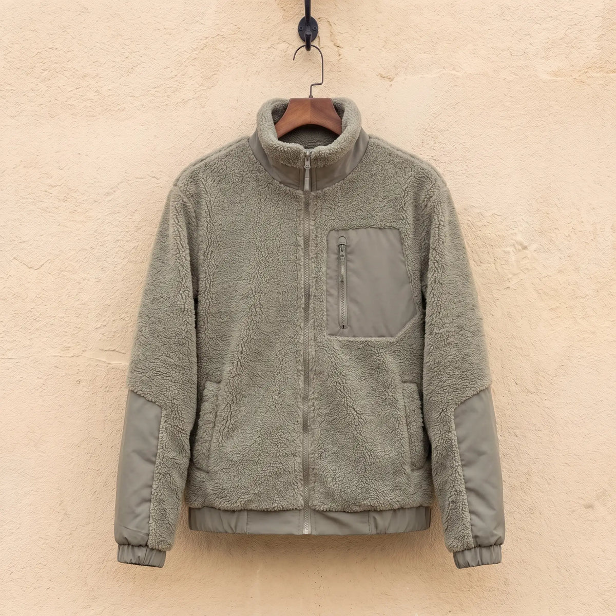 TEDDY FLEECE JACKET in gray, men's sherpa fleece full-zip jacket with nylon panels
