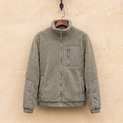 TEDDY FLEECE JACKET in gray, men's sherpa fleece full-zip jacket with nylon panels
