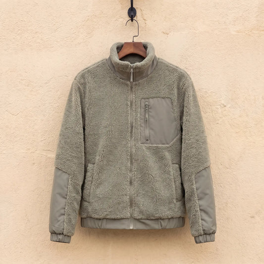TEDDY FLEECE JACKET in gray, men's sherpa fleece full-zip jacket with nylon panels