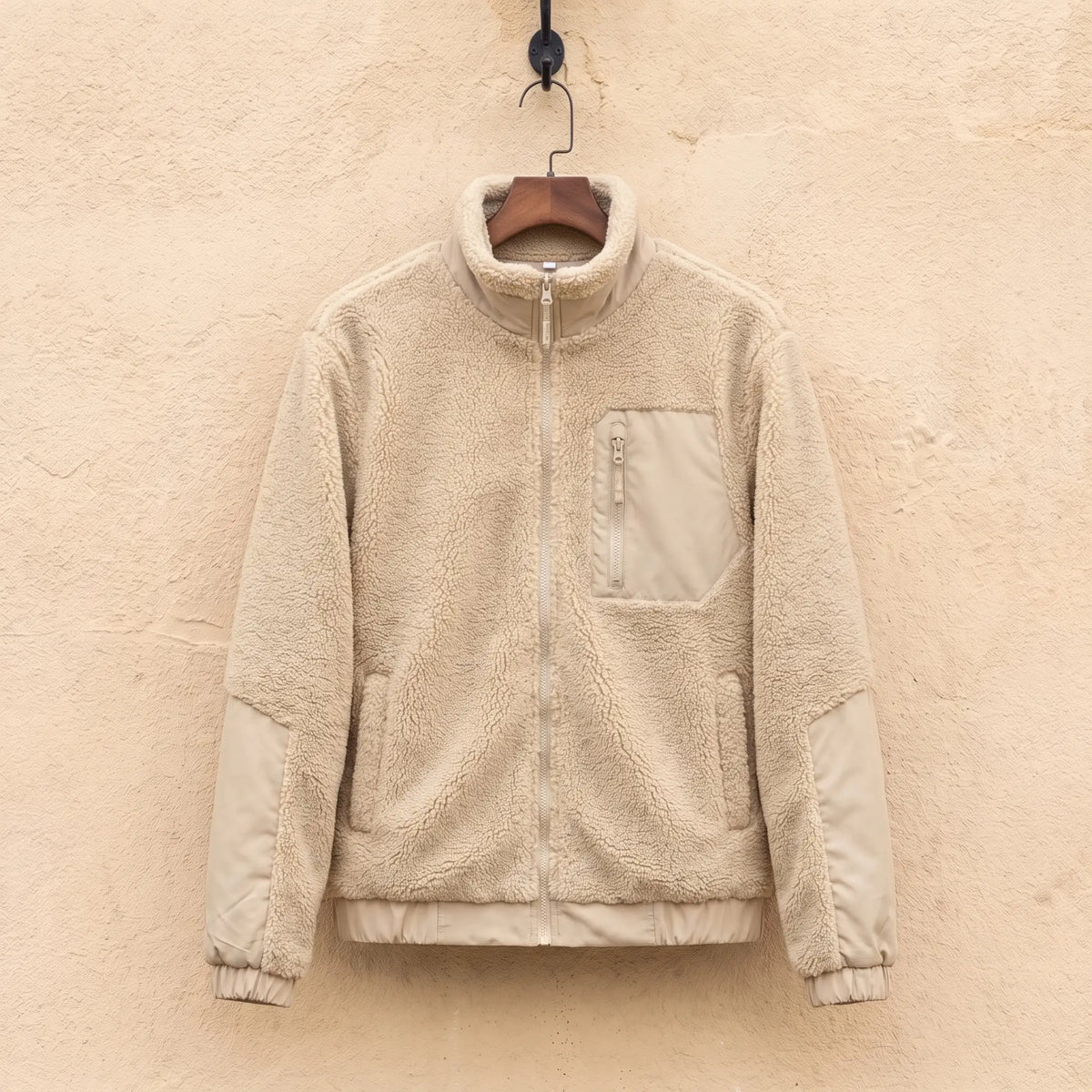 TEDDY FLEECE JACKET in khaki, men's sherpa fleece full-zip jacket with nylon panels