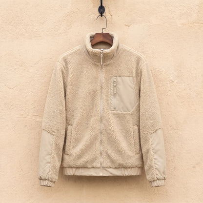TEDDY FLEECE JACKET in khaki, men's sherpa fleece full-zip jacket with nylon panels