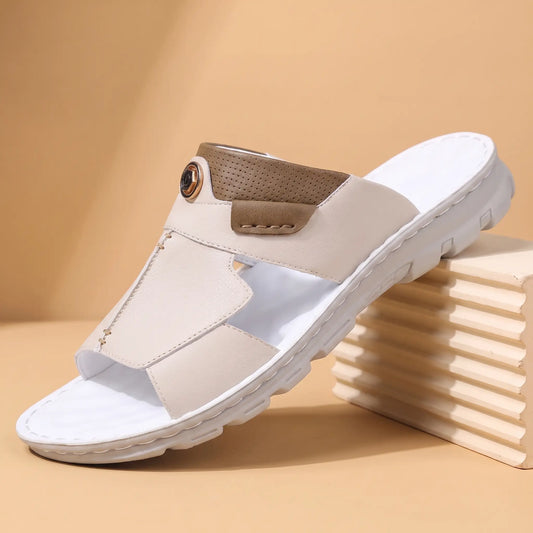 White mens open toe slide with stitched panels tan emblem tab and white lugged sole