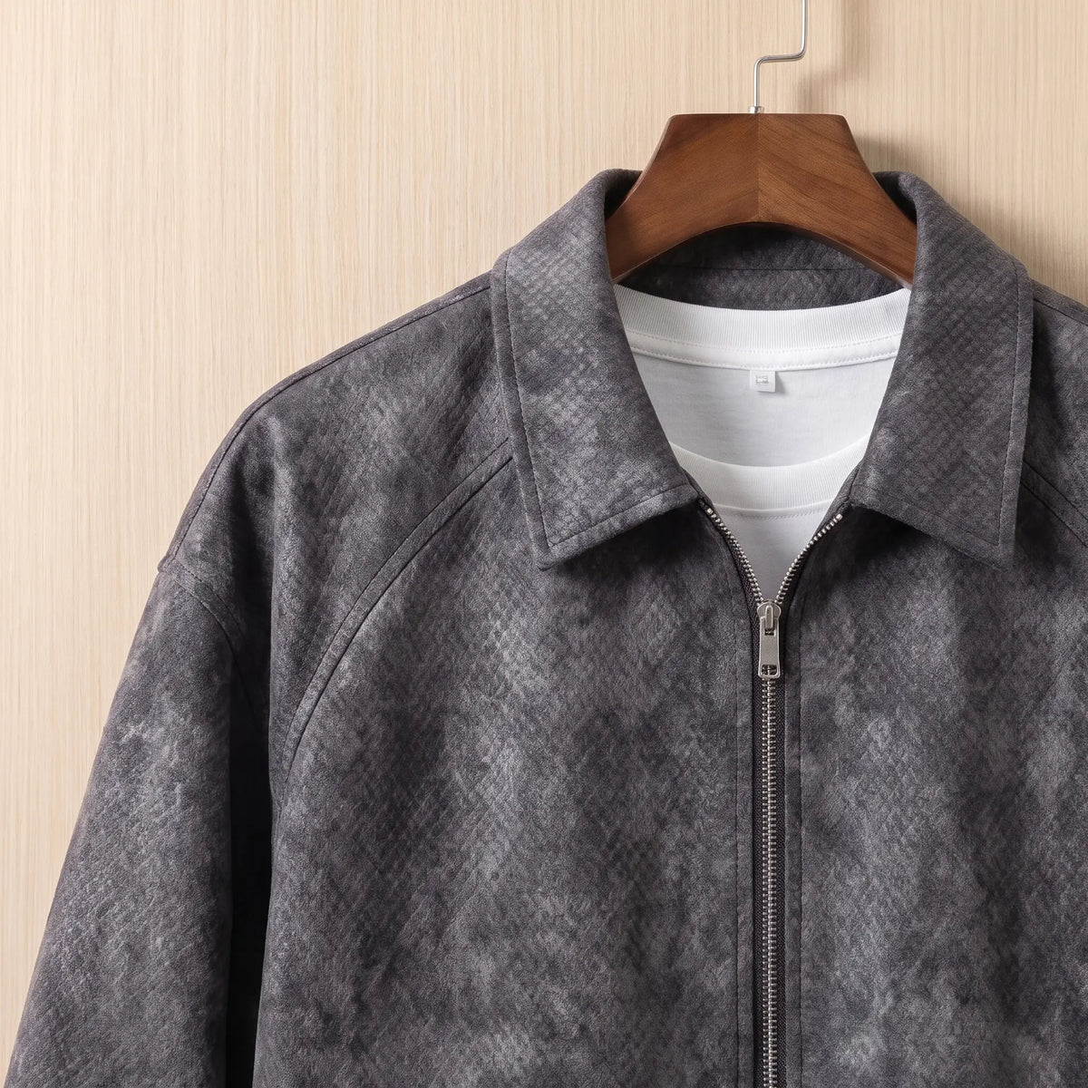 Textured Zip Jacket in Grey, collar and front zip close-up